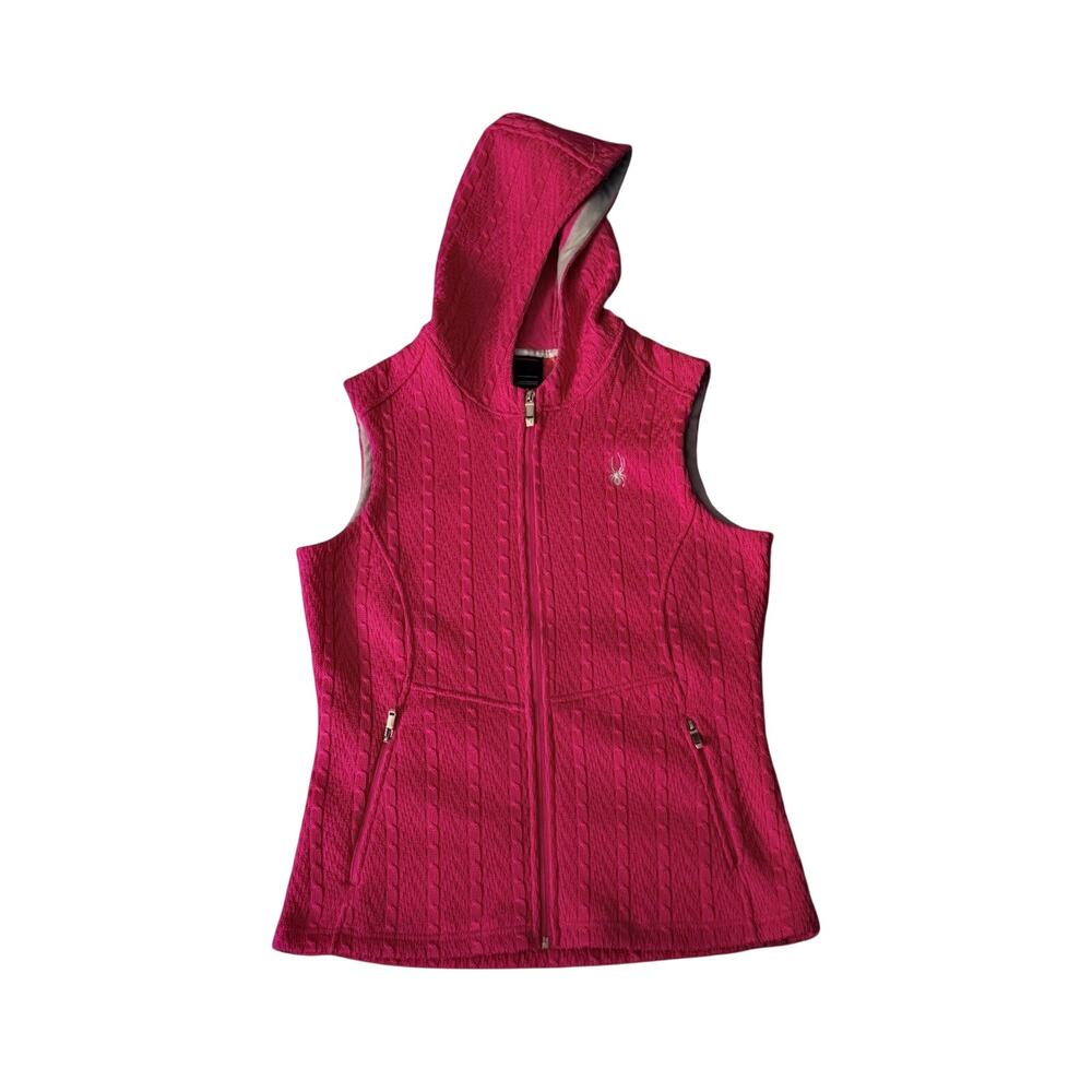 Spyder Vest Womens Size L Pink Hooded Cable Knit Full Zip Logo Pockets Warm Cozy
